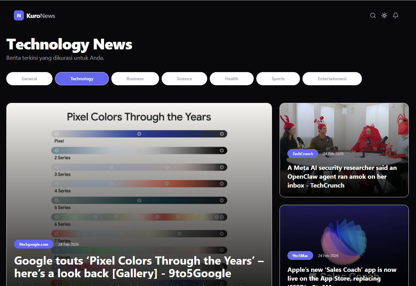 KuroNews - Modern News Web App dengan Spatial UI